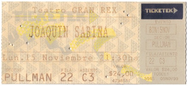Entrada Gran Rex Sabina - 15 Nov 1999