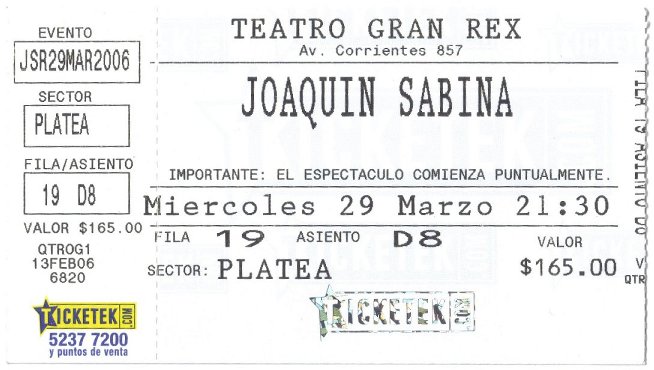 Entrada Gran Rex Sabina - 29 Mar 2006